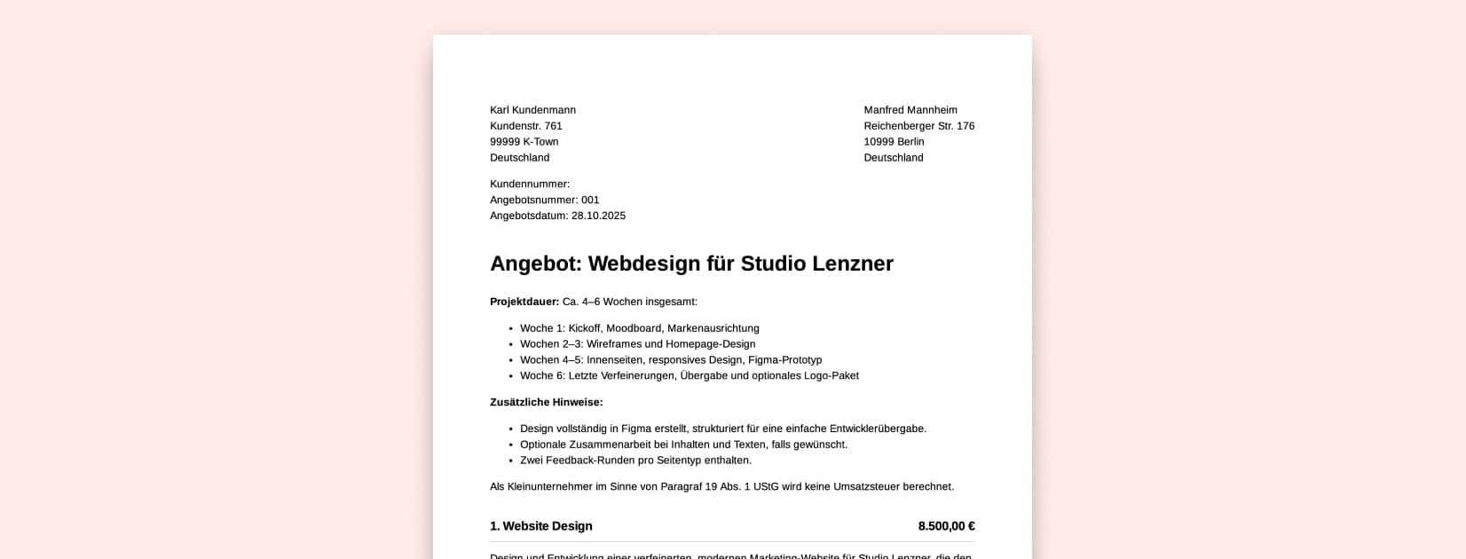 Bild eines professionellen Angebots für Kleinunternehmer