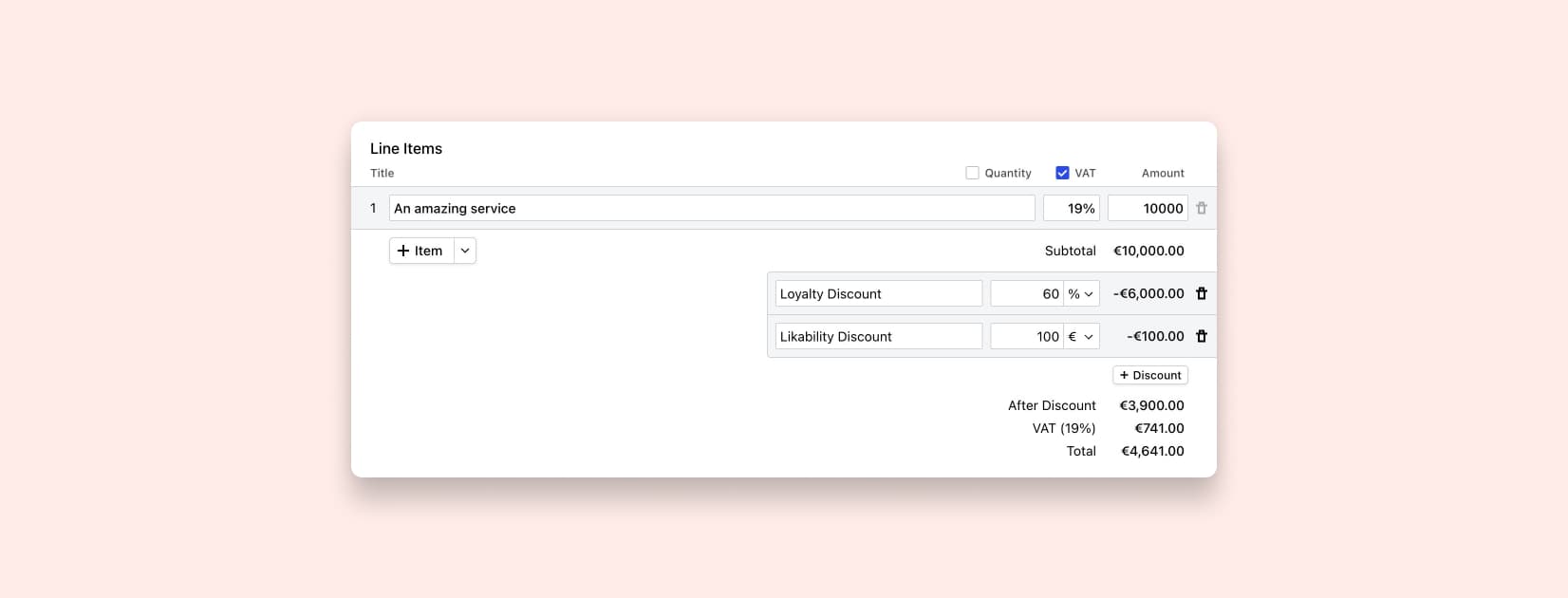 Creating an invoice with percentage and fixed discounts in Cakedesk.