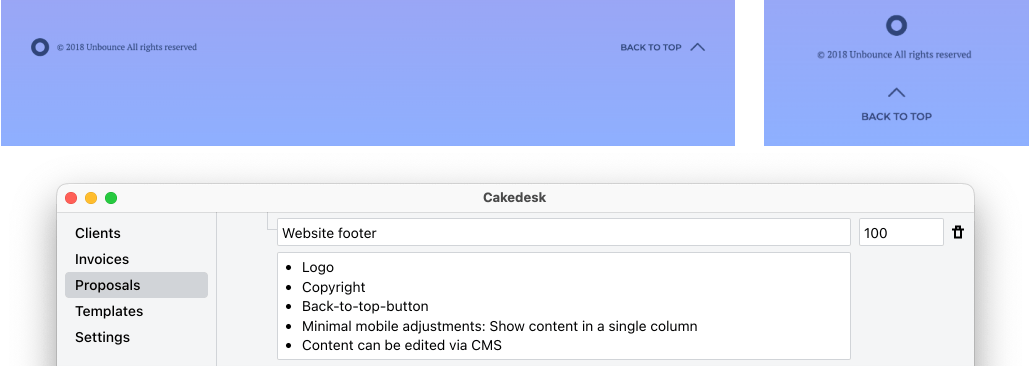 Screenshot of website landing page footer and a proposal in Cakedesk