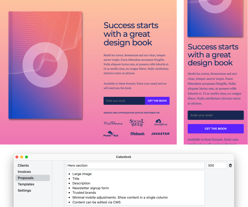 Screenshot of website landing page hero and a proposal in Cakedesk