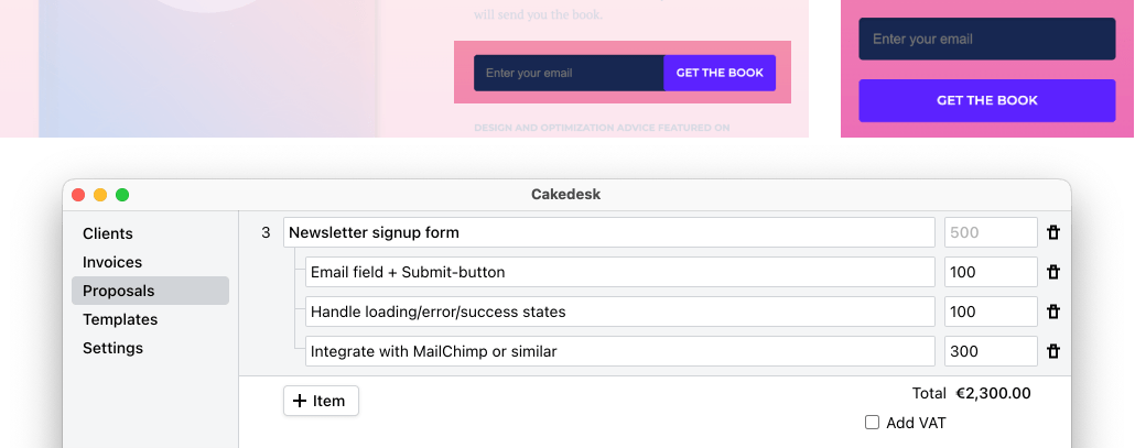 Screenshot of website landing page newsletter and a proposal in Cakedesk