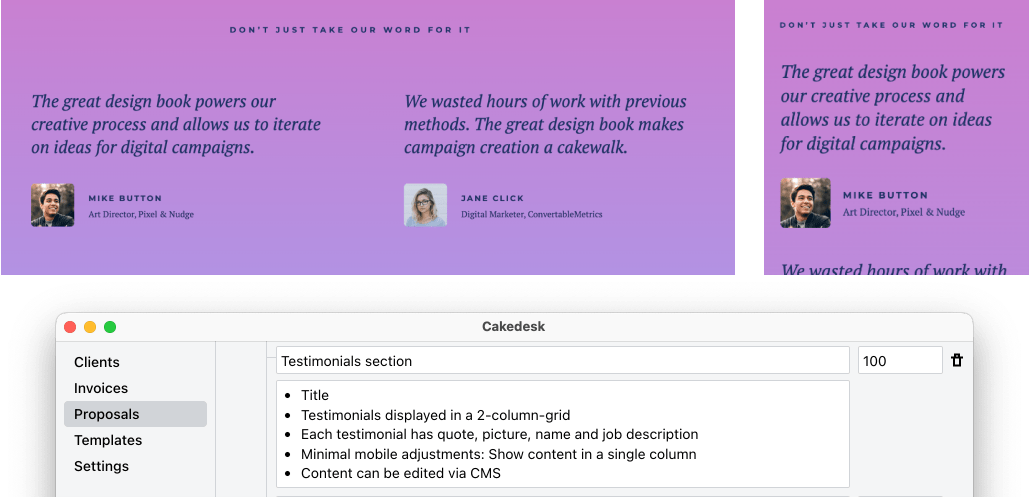 Screenshot of website landing page testimonials section and a proposal in Cakedesk