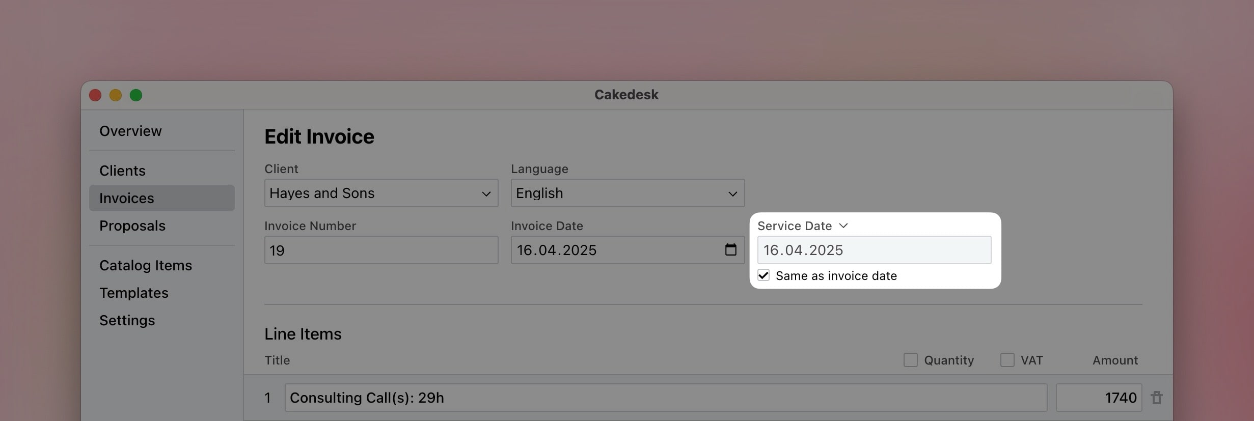 Set delivery/service date for an invoice
