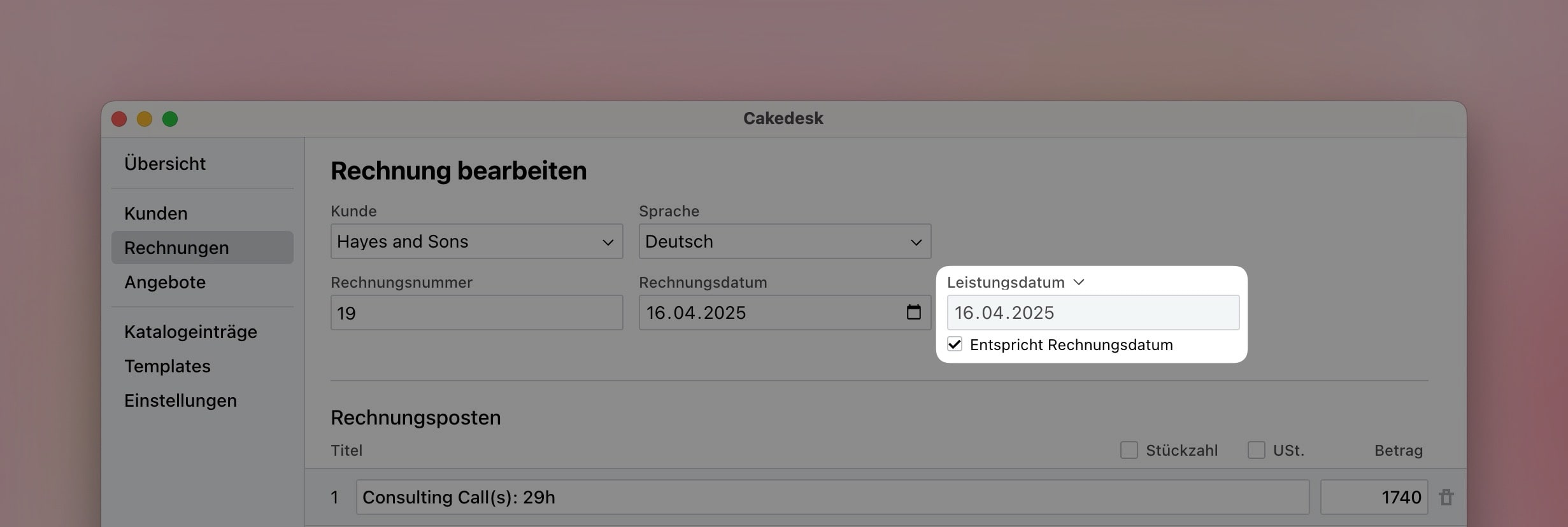 Liefer-/Leistungsdatum für Rechnung setzen