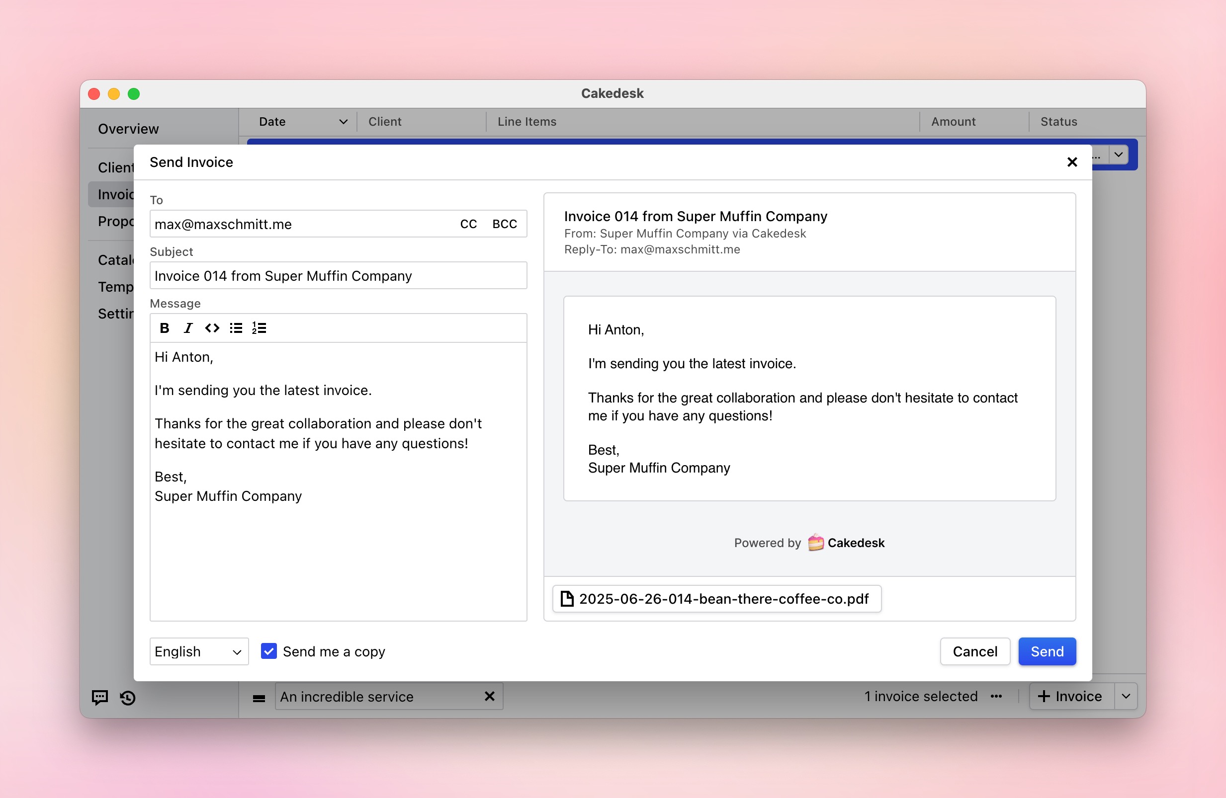 Dialog for sending an invoice via email in Cakedesk