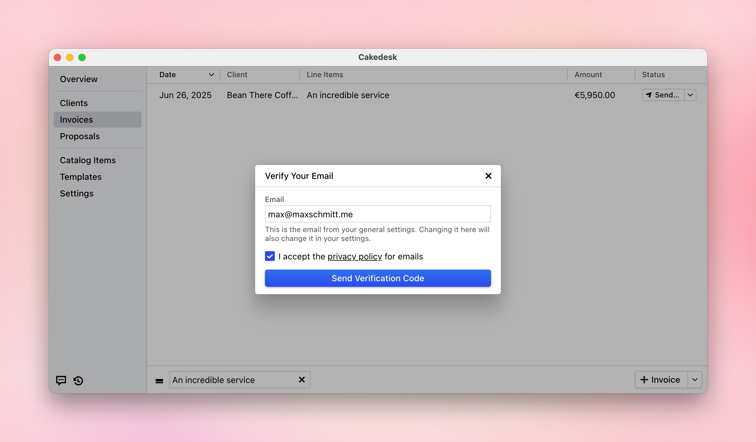 Dialog for verifying your email with Cakedesk