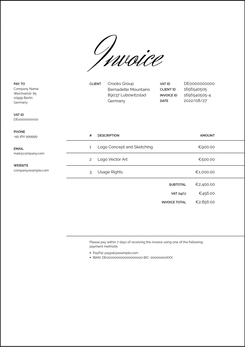 Invoice template, titled "$title"