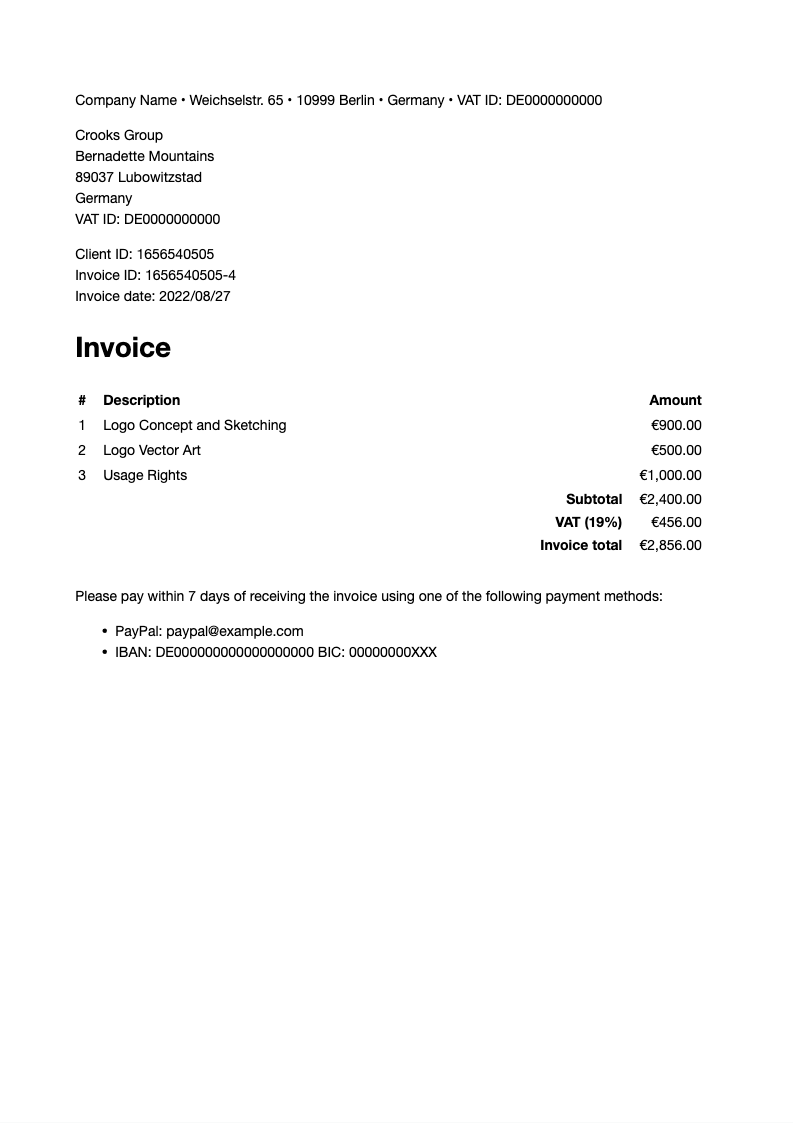 Invoice template, titled "$title"