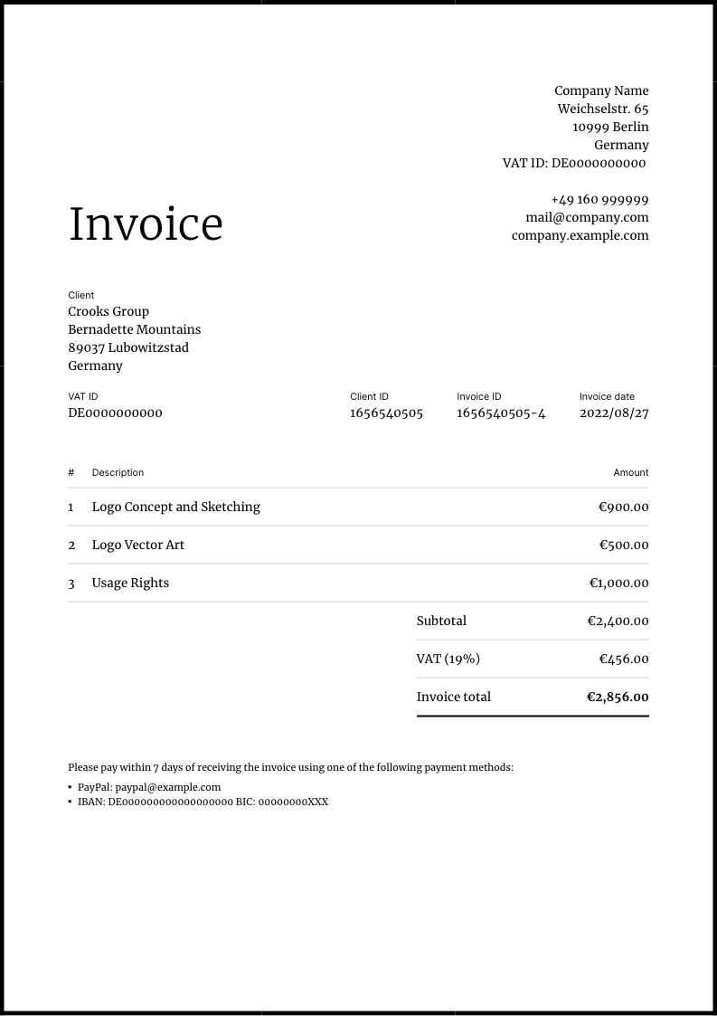 Invoice template, titled "$title"